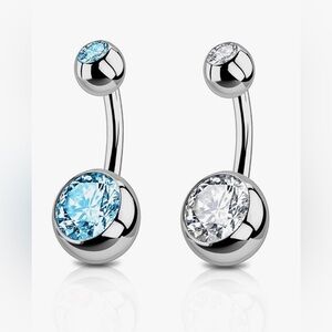 Double Gem Surgical-Grade Stainless Steel Belly Rings 14G (2-Pack) Blue & Clear